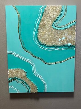 Handmade Teal Geode Mixed Media Wall Art with Crushed Crystal Accents